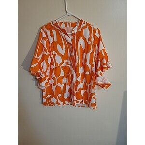 Womens Orange Geometric Print Ruffled Sleeve Button Up Top  Size S (E)